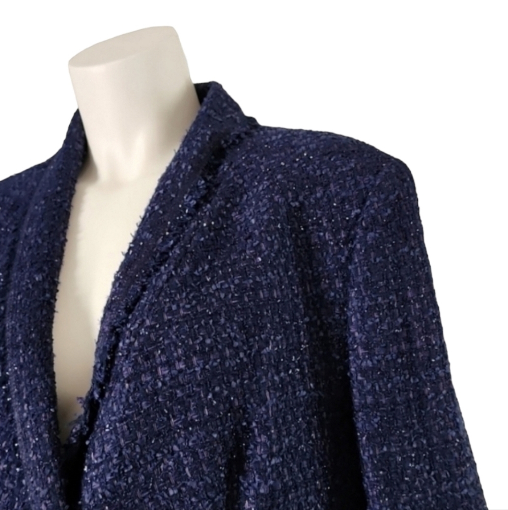 VINTAGE ESCADA Bouclé Tweed Blazer 44 M Blue Silk Wool Textured Sparkle Jacket - Picture 7 of 16